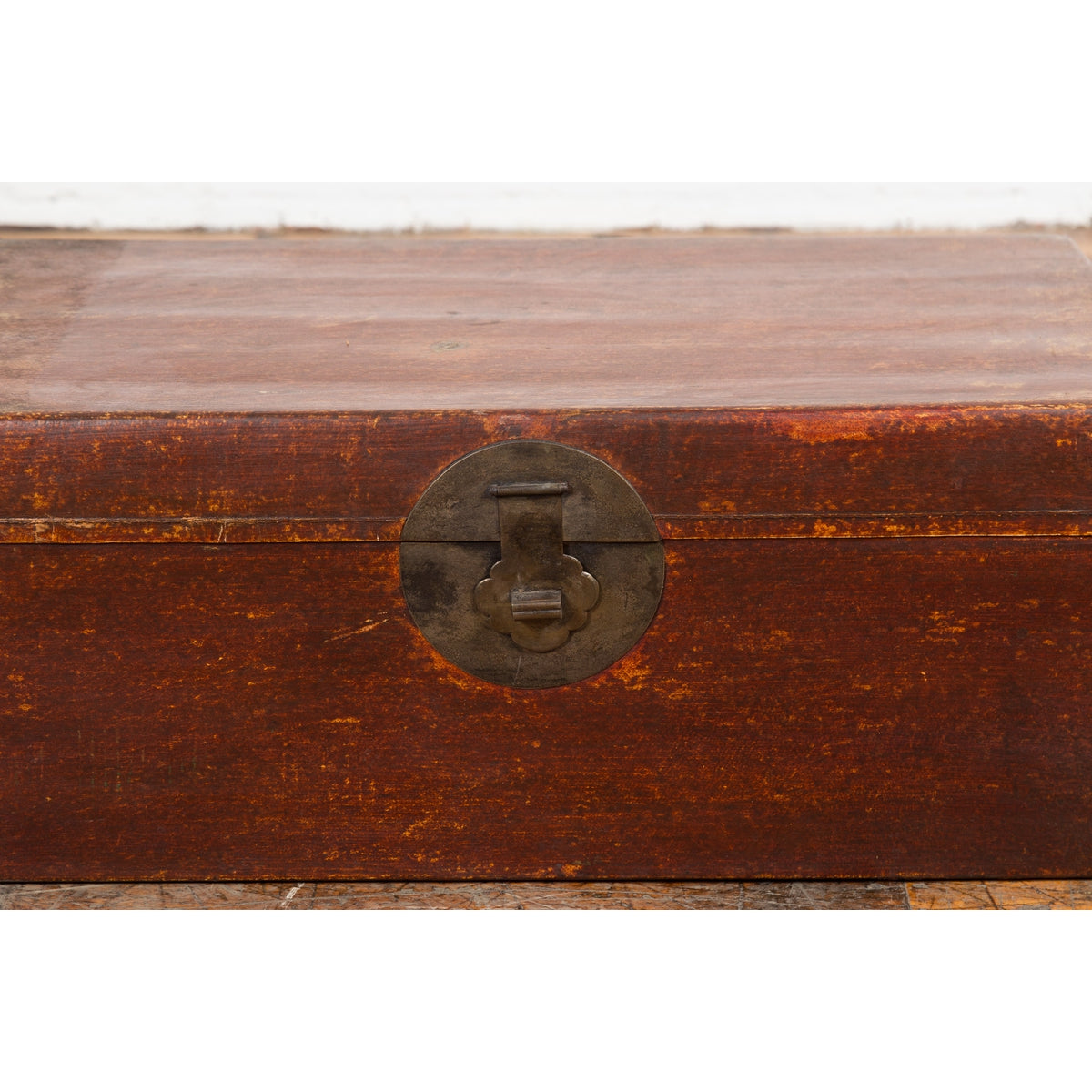 Chinese 19th Century Qing Dynasty Red Painted Paper Bound Trunk with Brass Lock-16. Asian & Chinese Furniture, Art, Antiques, Vintage Home Décor for sale at FEA Home