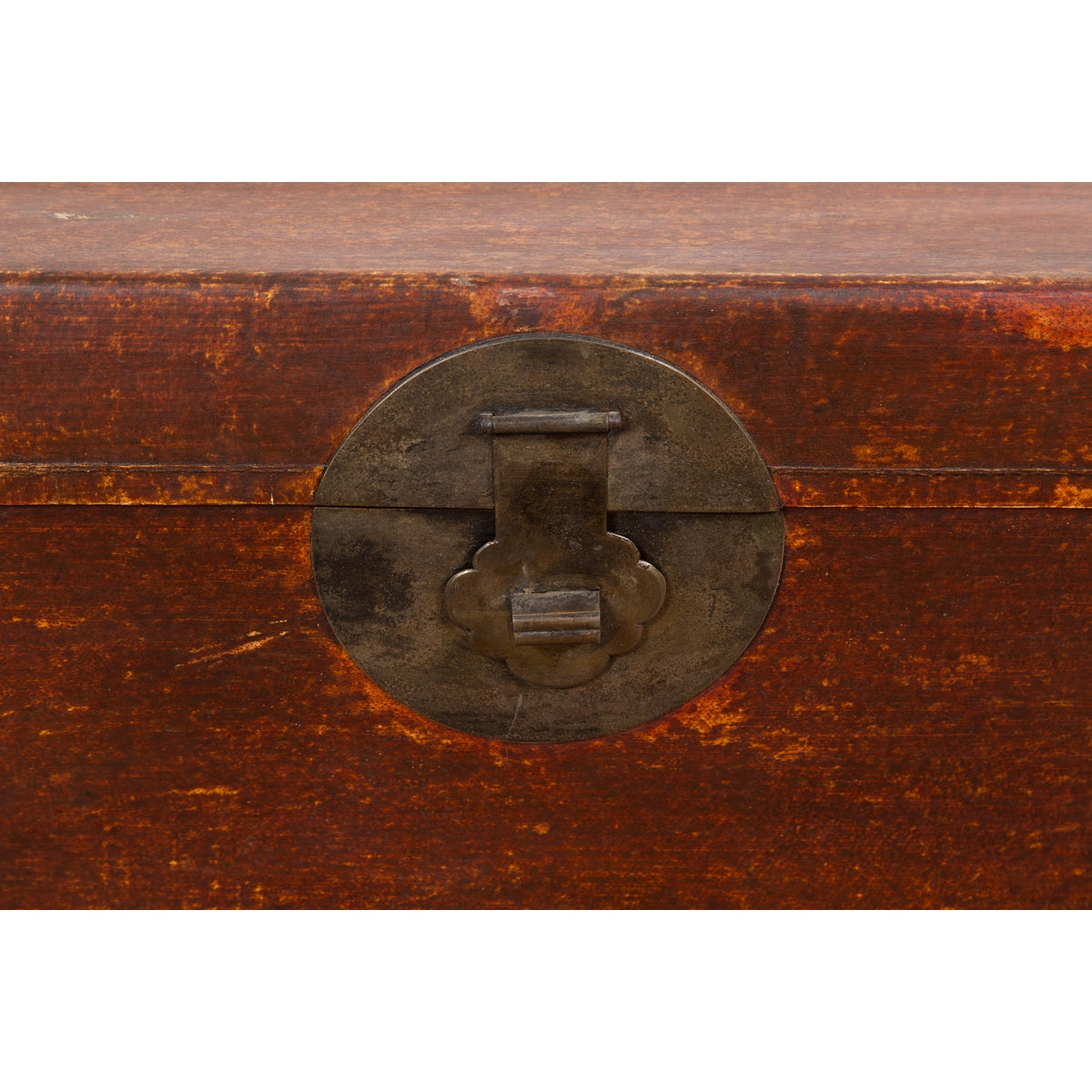 Chinese 19th Century Qing Dynasty Red Painted Paper Bound Trunk with Brass Lock-19. Asian & Chinese Furniture, Art, Antiques, Vintage Home Décor for sale at FEA Home