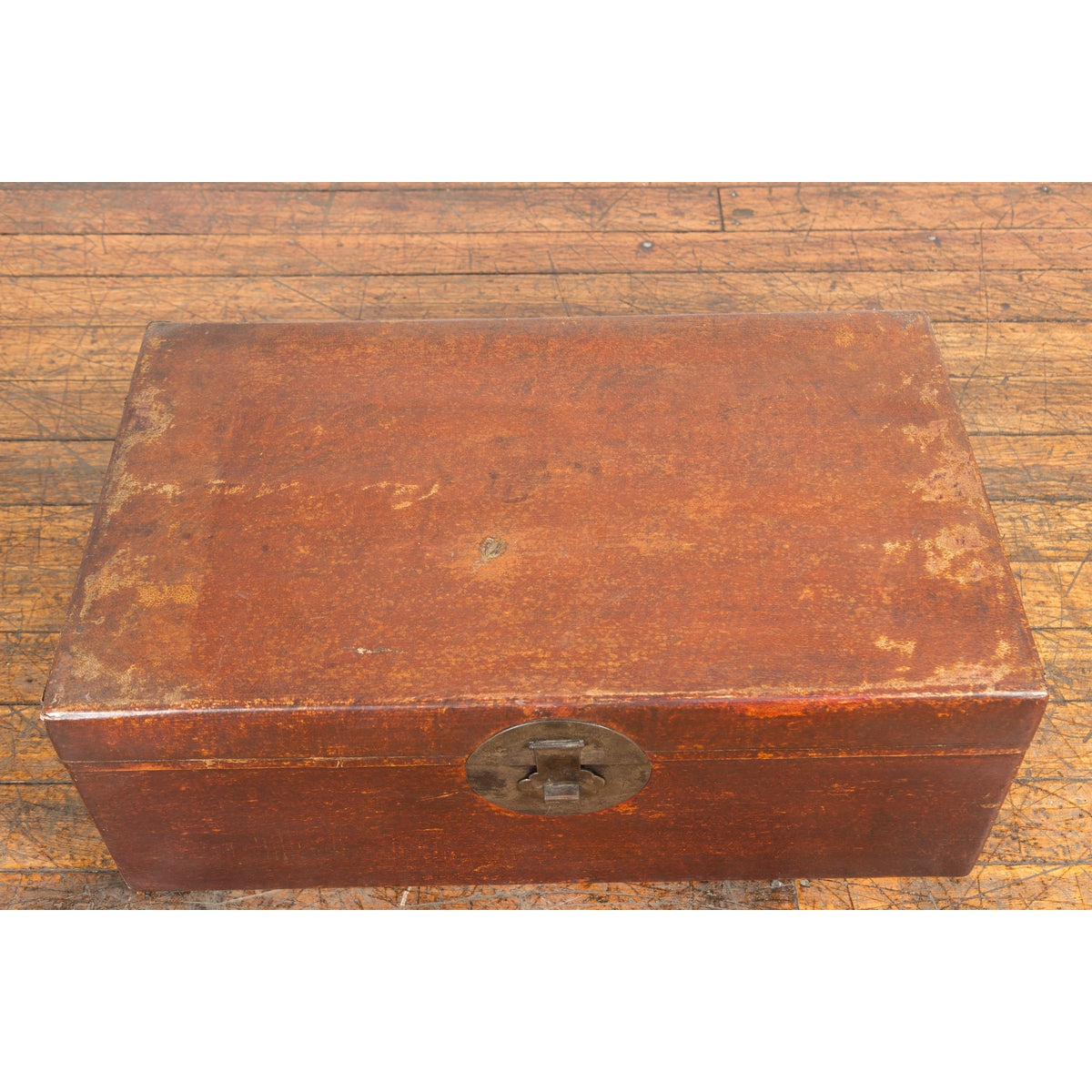 Chinese 19th Century Qing Dynasty Red Painted Paper Bound Trunk with Brass Lock-4. Asian & Chinese Furniture, Art, Antiques, Vintage Home Décor for sale at FEA Home