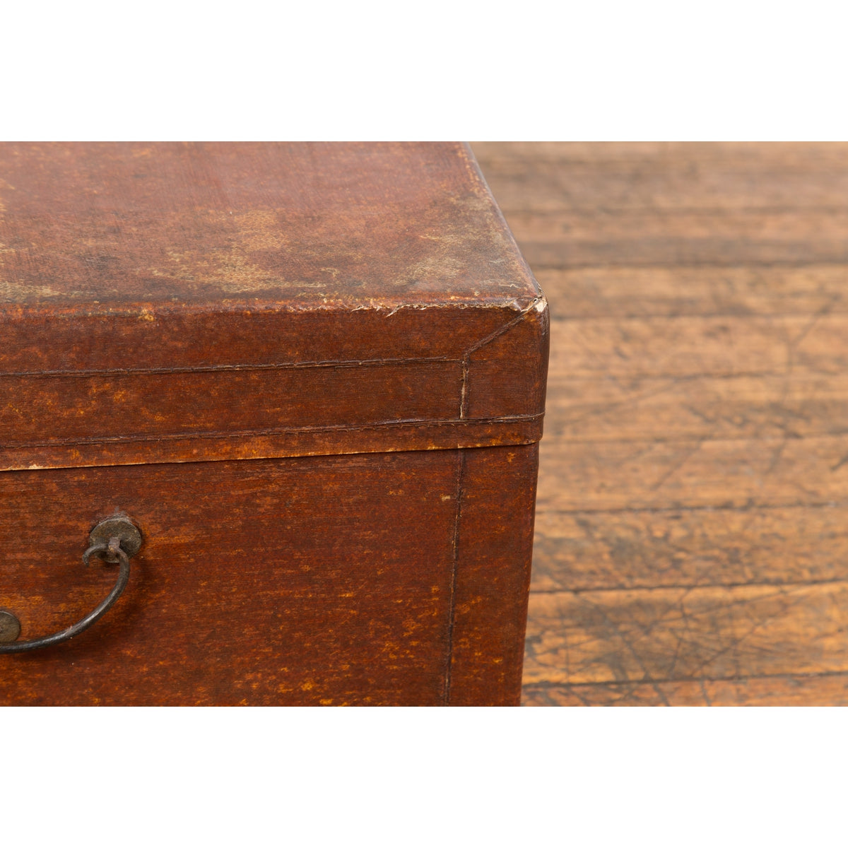 Chinese 19th Century Qing Dynasty Red Painted Paper Bound Trunk with Brass Lock-5. Asian & Chinese Furniture, Art, Antiques, Vintage Home Décor for sale at FEA Home
