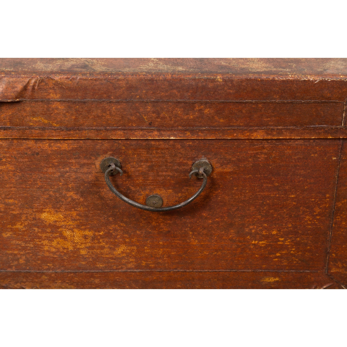 Chinese 19th Century Qing Dynasty Red Painted Paper Bound Trunk with Brass Lock-6. Asian & Chinese Furniture, Art, Antiques, Vintage Home Décor for sale at FEA Home