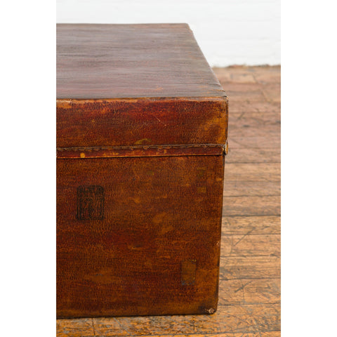 Reddish Brown Leather Bound Trunk or Coffee Table with Brass Hardware-YN7718-10. Asian & Chinese Furniture, Art, Antiques, Vintage Home Décor for sale at FEA Home