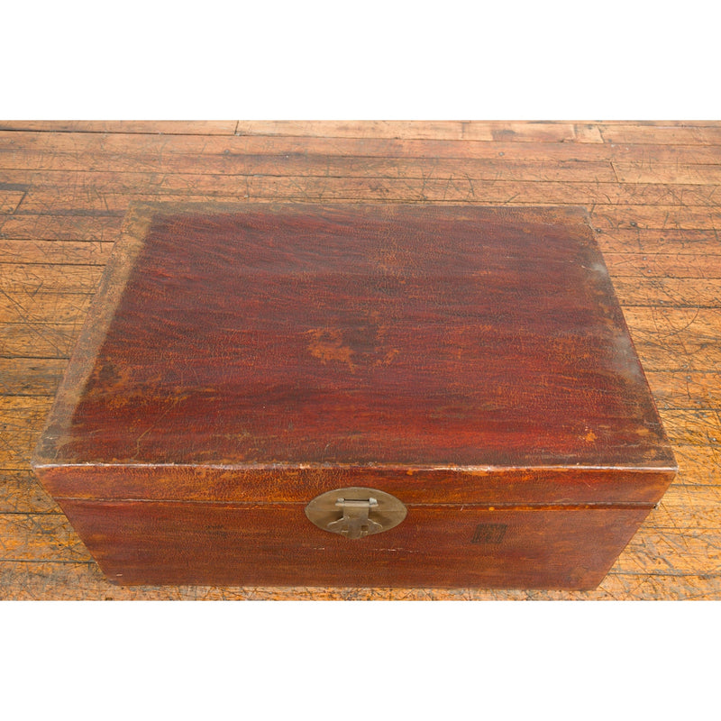 Reddish Brown Leather Bound Trunk or Coffee Table with Brass Hardware-YN7718-11. Asian & Chinese Furniture, Art, Antiques, Vintage Home Décor for sale at FEA Home