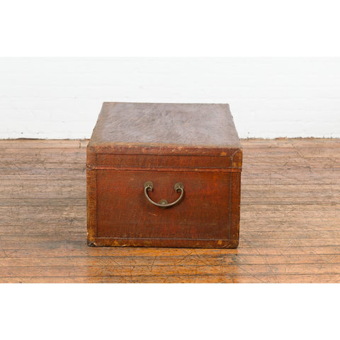 Reddish Brown Leather Bound Trunk or Coffee Table with Brass Hardware-YN7718-15. Asian & Chinese Furniture, Art, Antiques, Vintage Home Décor for sale at FEA Home
