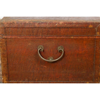 Reddish Brown Leather Bound Trunk or Coffee Table with Brass Hardware