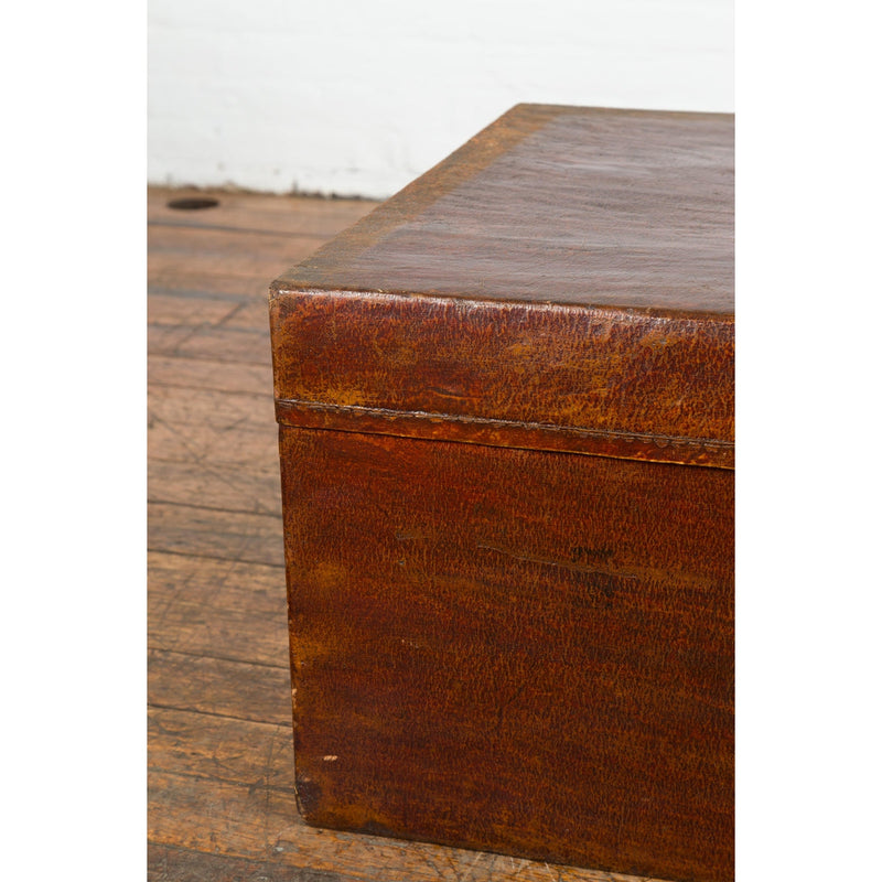Reddish Brown Leather Bound Trunk or Coffee Table with Brass Hardware-YN7718-9. Asian & Chinese Furniture, Art, Antiques, Vintage Home Décor for sale at FEA Home
