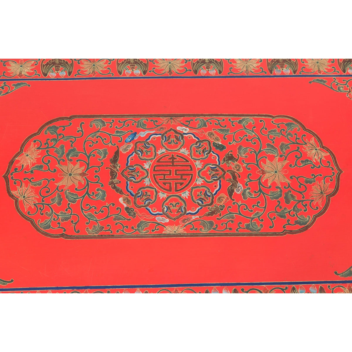 Red Vintage Trunk with Yellow Inside Lining & Blue Leaves on Back-11. Asian & Chinese Furniture, Art, Antiques, Vintage Home Décor for sale at FEA Home