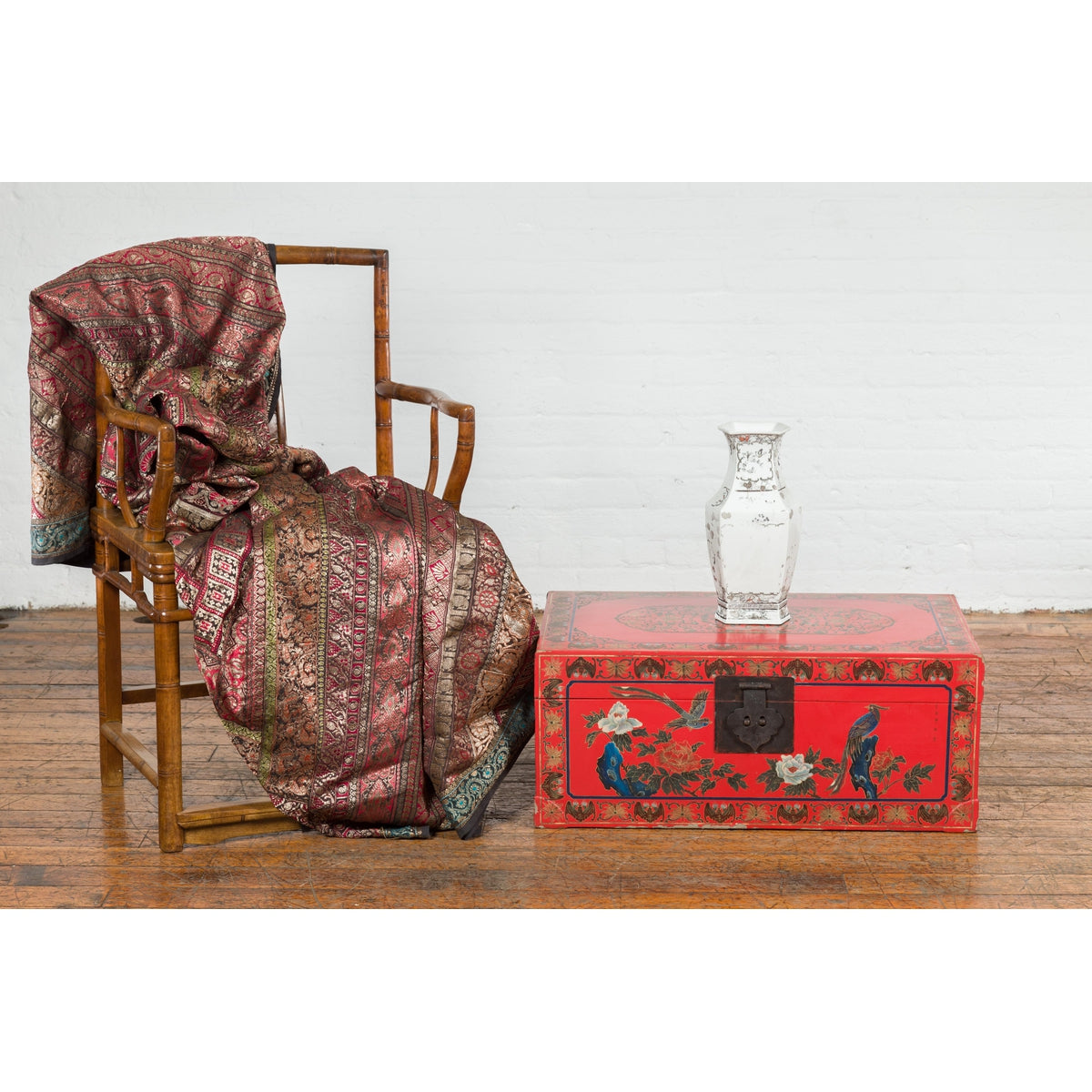 Red Vintage Trunk with Yellow Inside Lining & Blue Leaves on Back-12. Asian & Chinese Furniture, Art, Antiques, Vintage Home Décor for sale at FEA Home