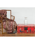 Red Vintage Trunk with Yellow Inside Lining & Blue Leaves on Back-12. Asian & Chinese Furniture, Art, Antiques, Vintage Home Décor for sale at FEA Home
