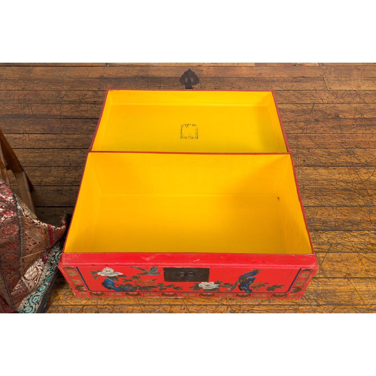 Red Vintage Trunk with Yellow Inside Lining & Blue Leaves on Back-13. Asian & Chinese Furniture, Art, Antiques, Vintage Home Décor for sale at FEA Home