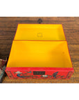 Red Vintage Trunk with Yellow Inside Lining & Blue Leaves on Back-13. Asian & Chinese Furniture, Art, Antiques, Vintage Home Décor for sale at FEA Home