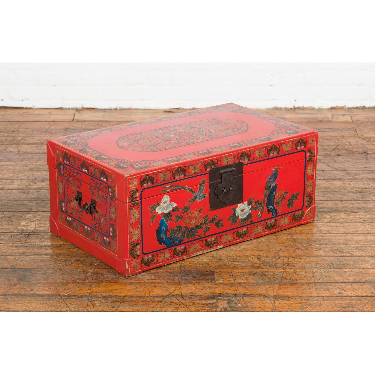 Red Vintage Trunk with Yellow Inside Lining & Blue Leaves on Back-16. Asian & Chinese Furniture, Art, Antiques, Vintage Home Décor for sale at FEA Home