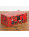 Red Vintage Trunk with Yellow Inside Lining & Blue Leaves on Back-16. Asian & Chinese Furniture, Art, Antiques, Vintage Home Décor for sale at FEA Home