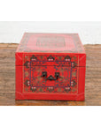 Red Vintage Trunk with Yellow Inside Lining & Blue Leaves on Back-17. Asian & Chinese Furniture, Art, Antiques, Vintage Home Décor for sale at FEA Home