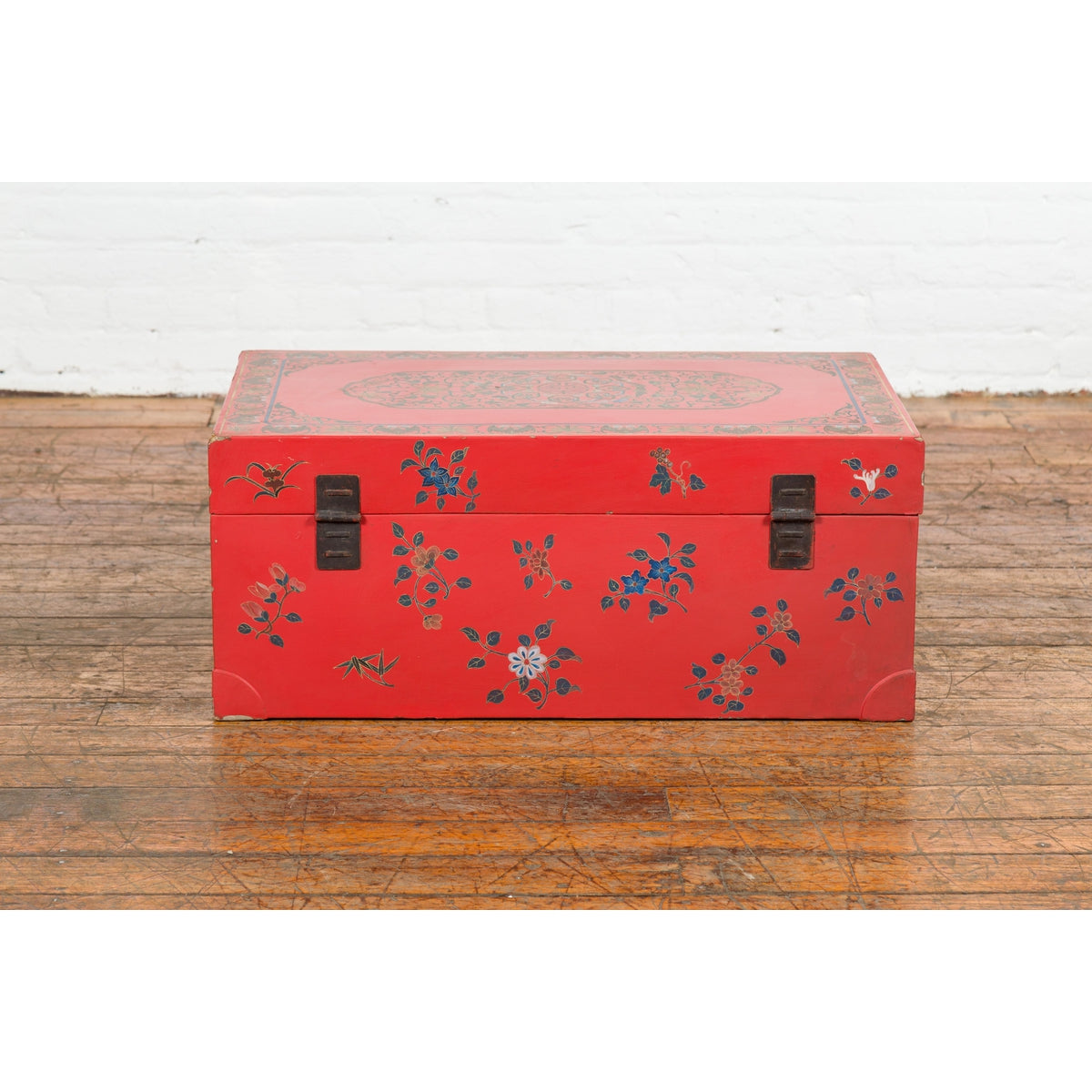 Red Vintage Trunk with Yellow Inside Lining & Blue Leaves on Back-19. Asian & Chinese Furniture, Art, Antiques, Vintage Home Décor for sale at FEA Home