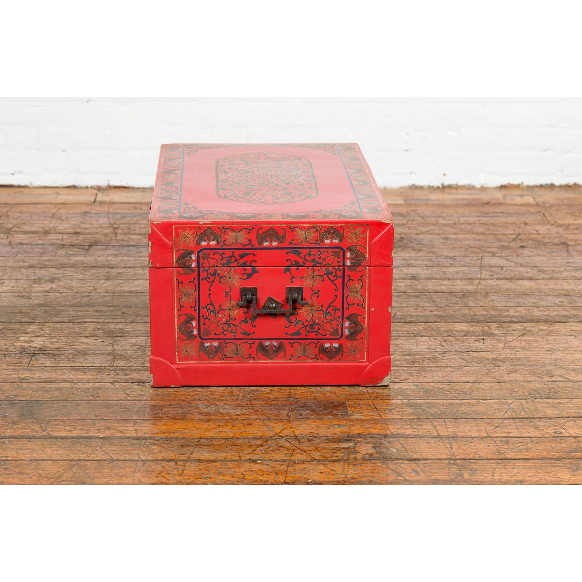 Red Vintage Trunk with Yellow Inside Lining & Blue Leaves on Back-20. Asian & Chinese Furniture, Art, Antiques, Vintage Home Décor for sale at FEA Home