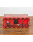 Red Vintage Trunk with Yellow Inside Lining & Blue Leaves on Back-2. Asian & Chinese Furniture, Art, Antiques, Vintage Home Décor for sale at FEA Home