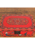 Red Vintage Trunk with Yellow Inside Lining & Blue Leaves on Back-3. Asian & Chinese Furniture, Art, Antiques, Vintage Home Décor for sale at FEA Home