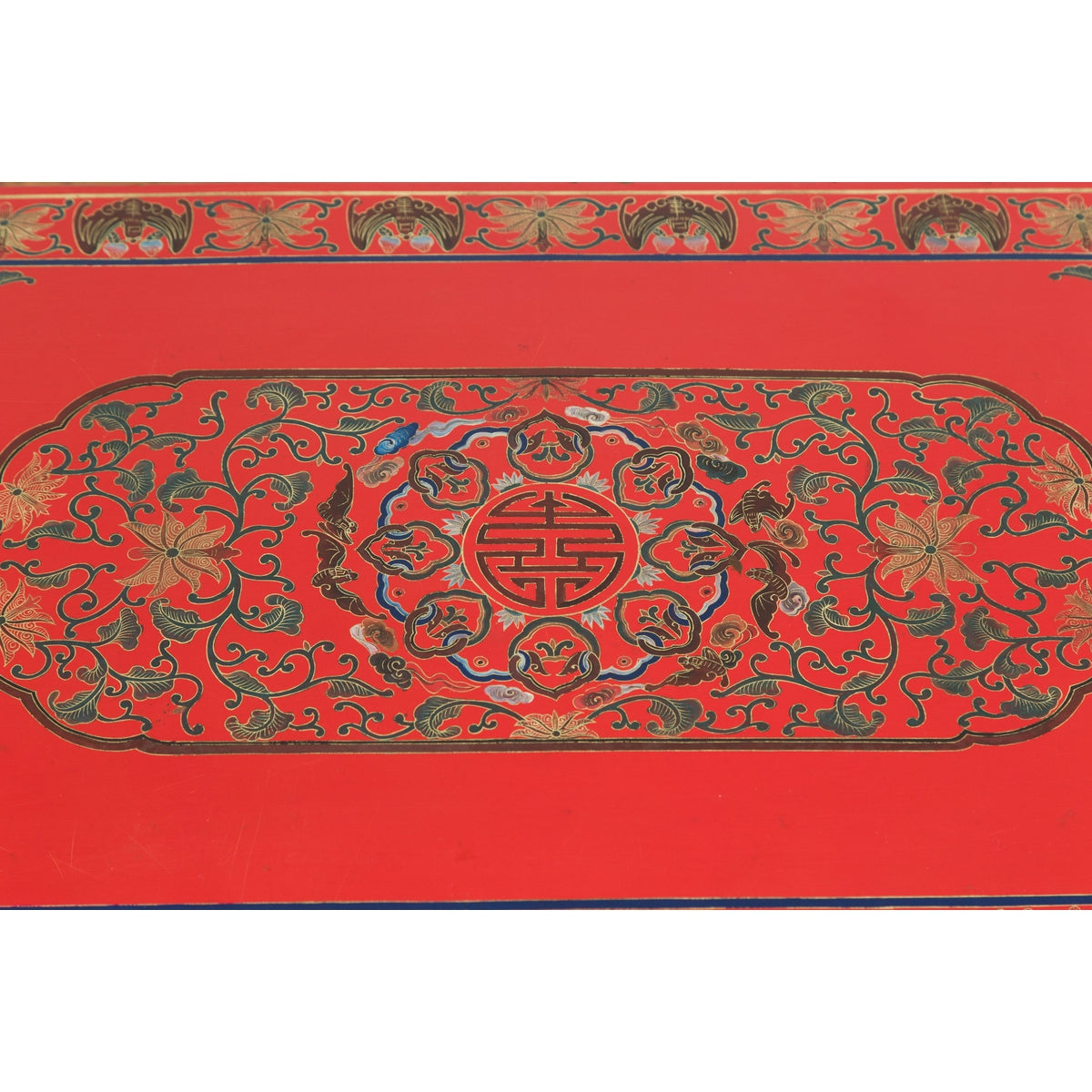 Red Vintage Trunk with Yellow Inside Lining & Blue Leaves on Back-4. Asian & Chinese Furniture, Art, Antiques, Vintage Home Décor for sale at FEA Home