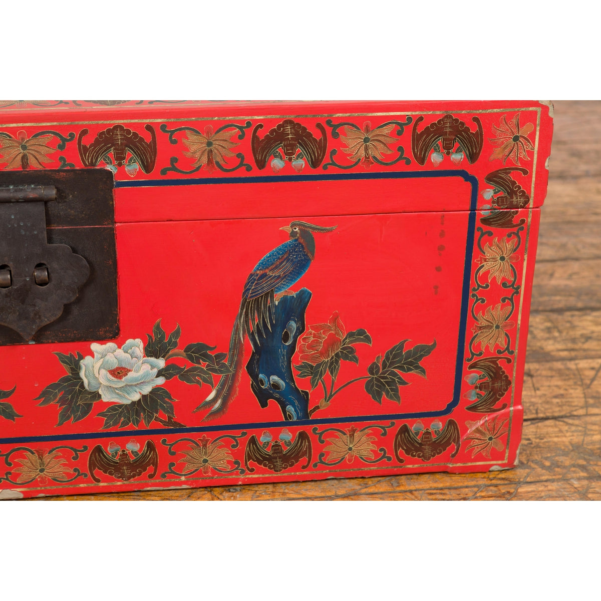 Red Vintage Trunk with Yellow Inside Lining & Blue Leaves on Back-5. Asian & Chinese Furniture, Art, Antiques, Vintage Home Décor for sale at FEA Home