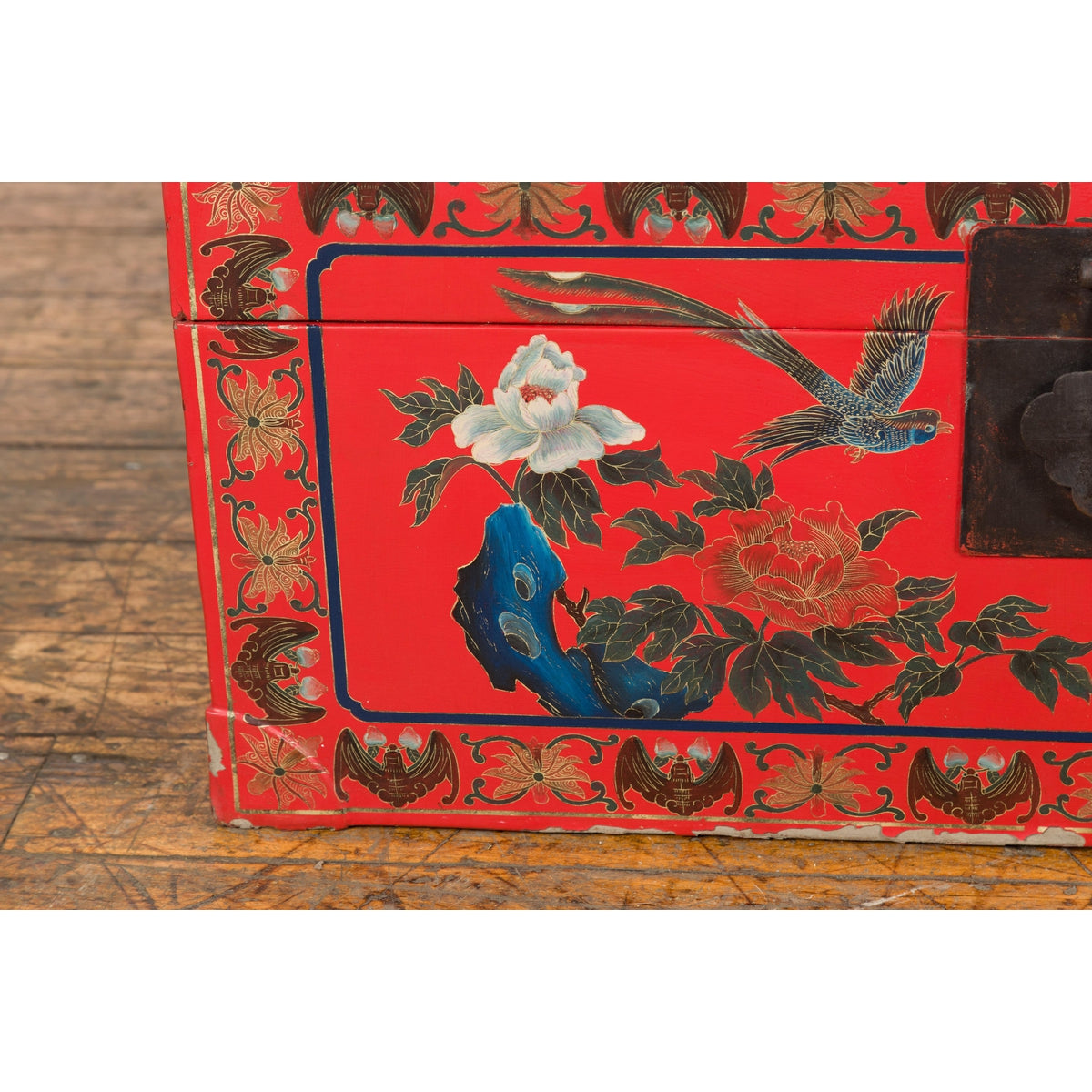 Red Vintage Trunk with Yellow Inside Lining & Blue Leaves on Back-6. Asian & Chinese Furniture, Art, Antiques, Vintage Home Décor for sale at FEA Home