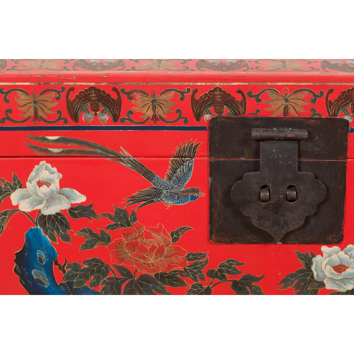 Red Vintage Trunk with Yellow Inside Lining & Blue Leaves on Back-7. Asian & Chinese Furniture, Art, Antiques, Vintage Home Décor for sale at FEA Home