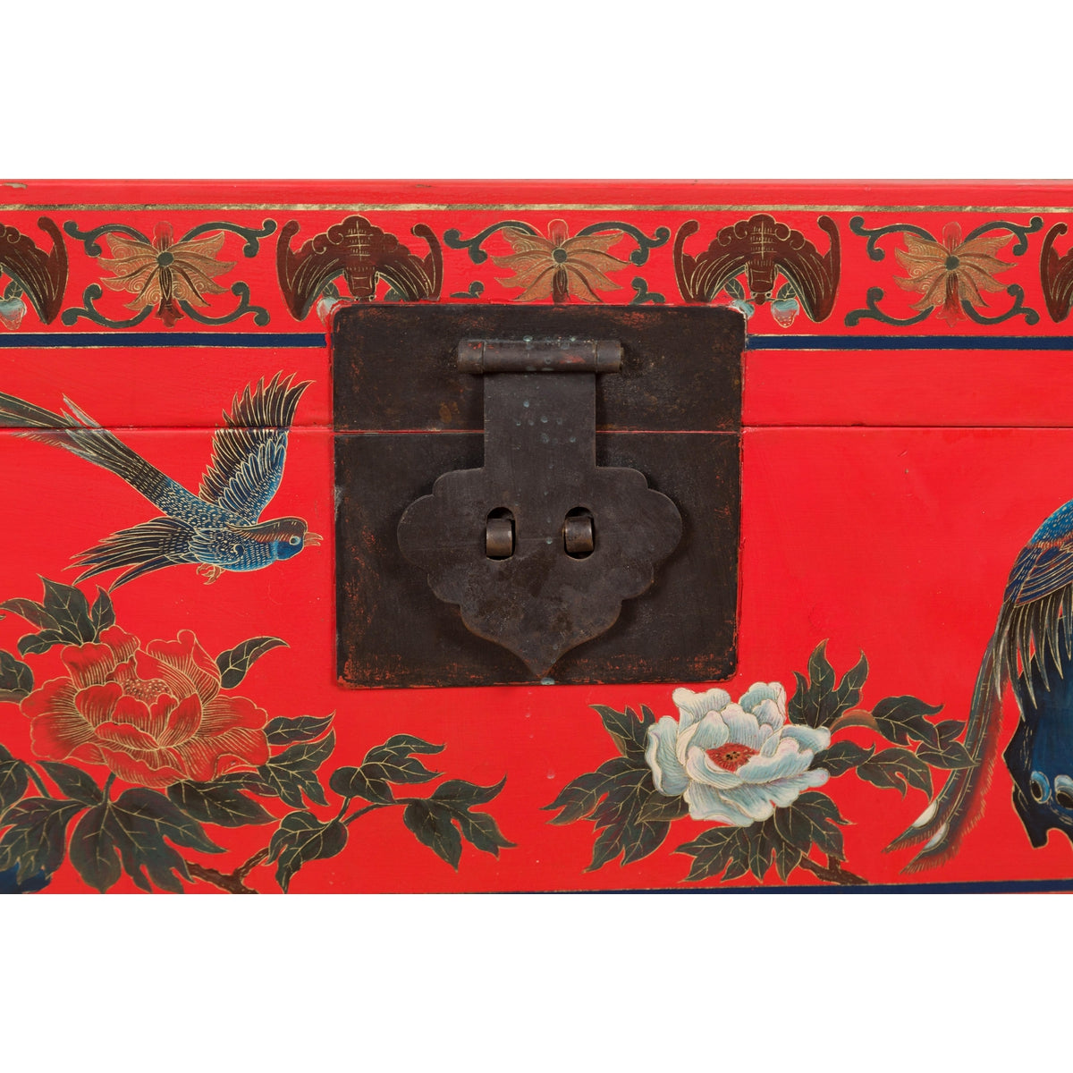 Red Vintage Trunk with Yellow Inside Lining & Blue Leaves on Back-8. Asian & Chinese Furniture, Art, Antiques, Vintage Home Décor for sale at FEA Home