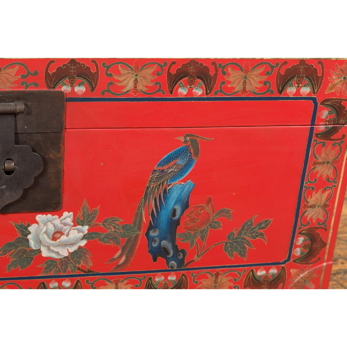 Vintage Red Lacquer Blanket Chest with Egrets, Bats and Floral Motifs-10. Asian & Chinese Furniture, Art, Antiques, Vintage Home Décor for sale at FEA Home