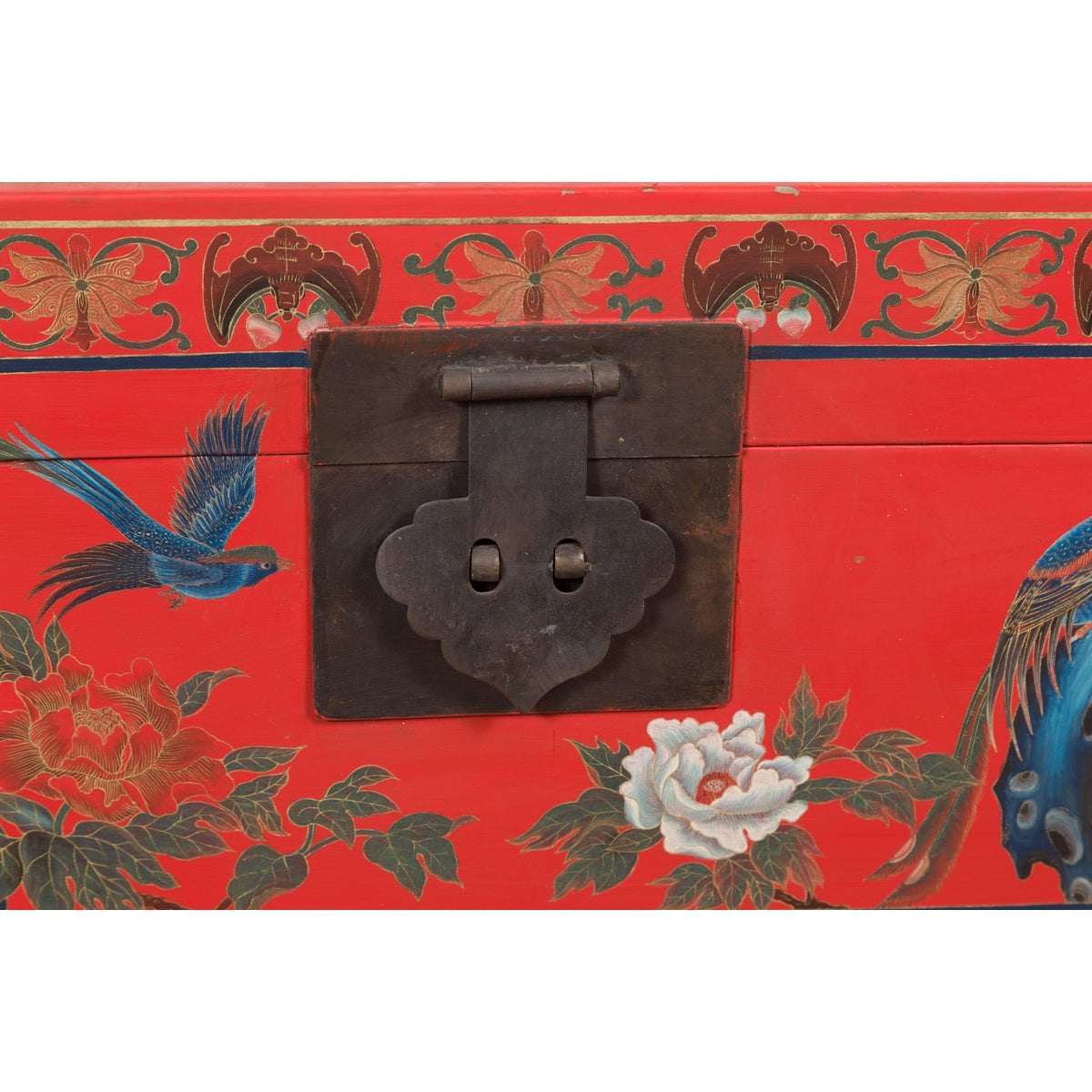 Vintage Red Lacquer Blanket Chest with Egrets, Bats and Floral Motifs-11. Asian & Chinese Furniture, Art, Antiques, Vintage Home Décor for sale at FEA Home
