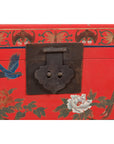 Vintage Red Lacquer Blanket Chest with Egrets, Bats and Floral Motifs-11. Asian & Chinese Furniture, Art, Antiques, Vintage Home Décor for sale at FEA Home
