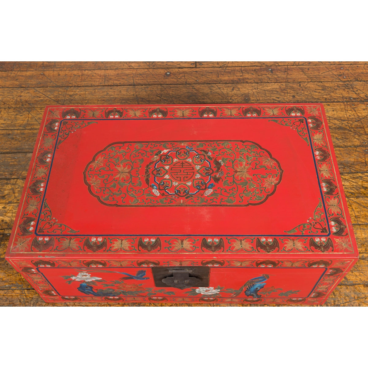 Vintage Red Lacquer Blanket Chest with Egrets, Bats and Floral Motifs-12. Asian & Chinese Furniture, Art, Antiques, Vintage Home Décor for sale at FEA Home