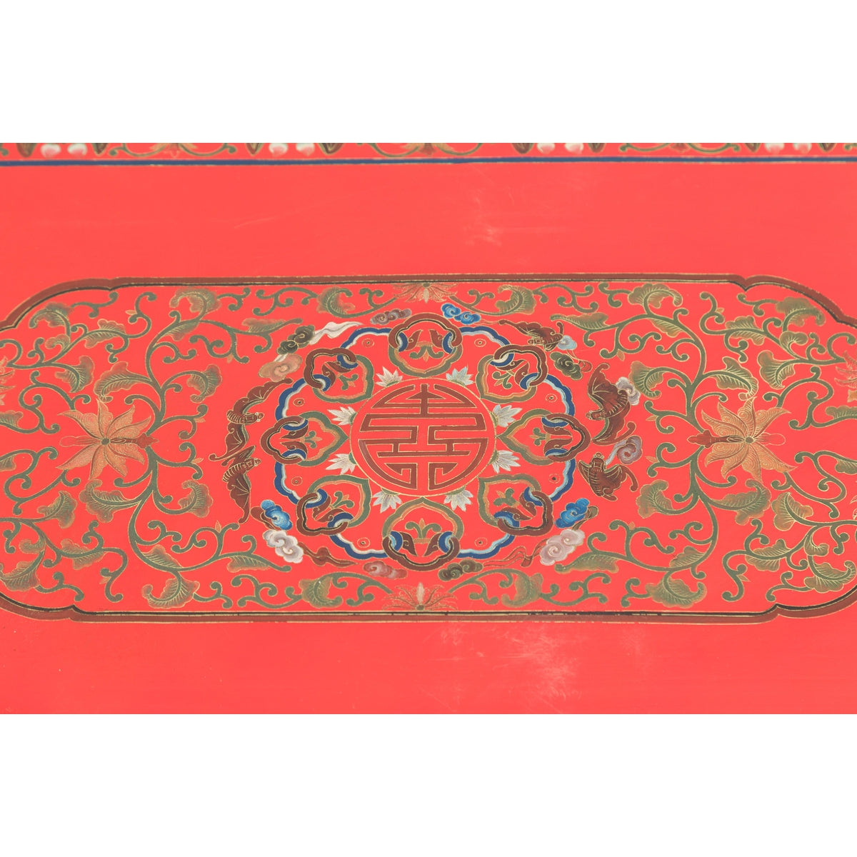 Vintage Red Lacquer Blanket Chest with Egrets, Bats and Floral Motifs-13. Asian & Chinese Furniture, Art, Antiques, Vintage Home Décor for sale at FEA Home