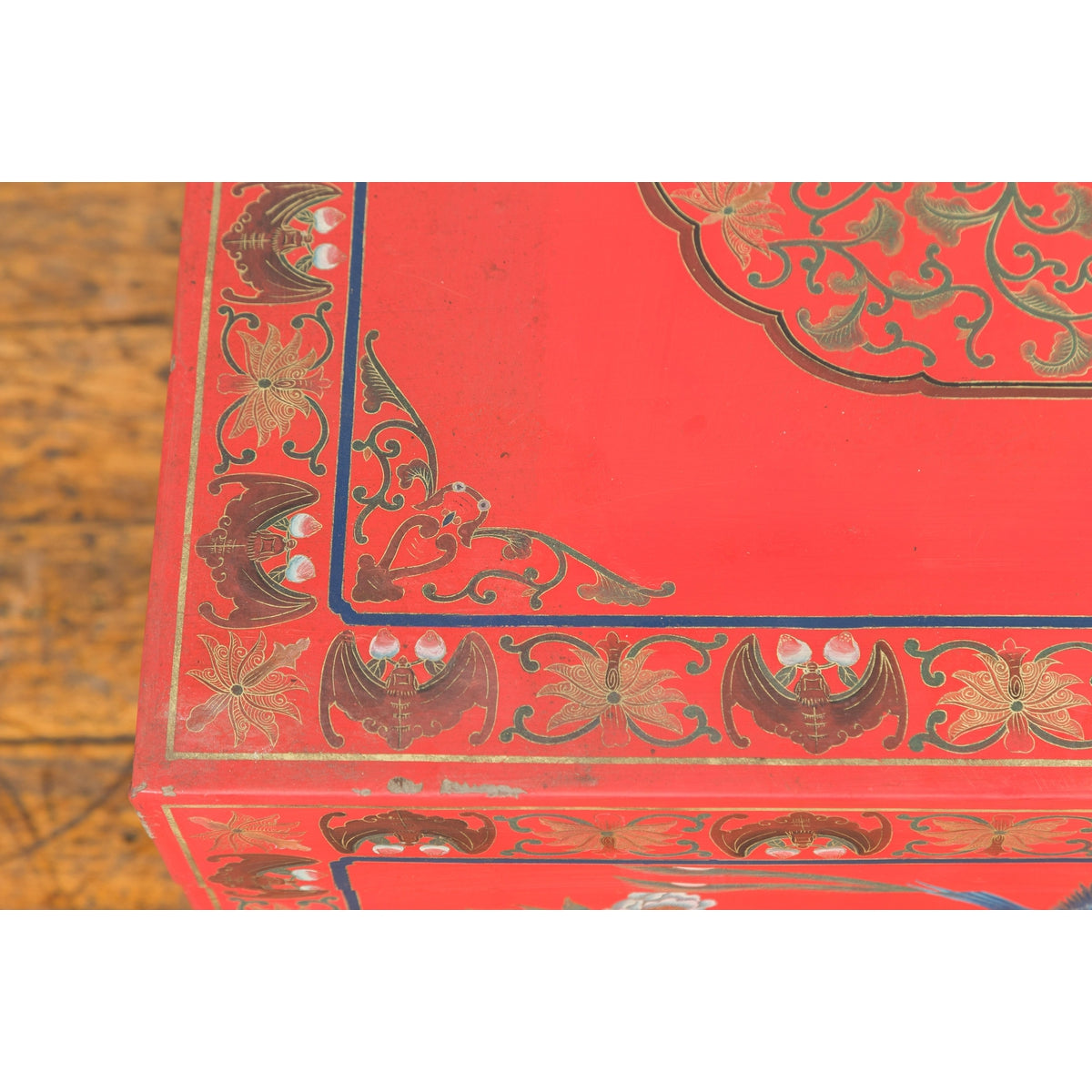 Vintage Red Lacquer Blanket Chest with Egrets, Bats and Floral Motifs-14. Asian & Chinese Furniture, Art, Antiques, Vintage Home Décor for sale at FEA Home