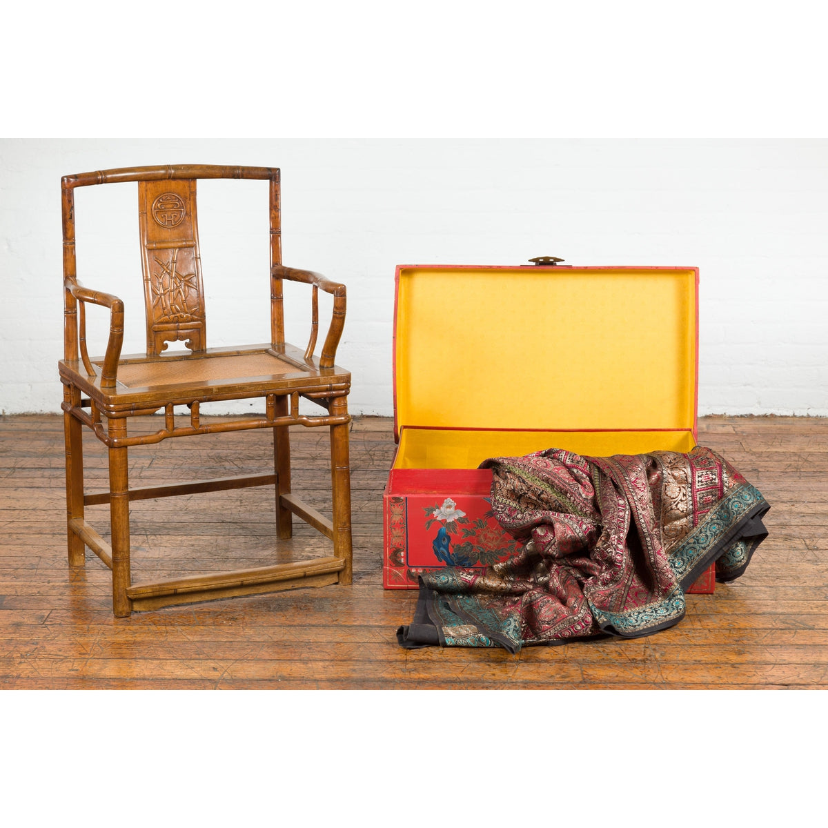 Vintage Red Lacquer Blanket Chest with Egrets, Bats and Floral Motifs-16. Asian & Chinese Furniture, Art, Antiques, Vintage Home Décor for sale at FEA Home