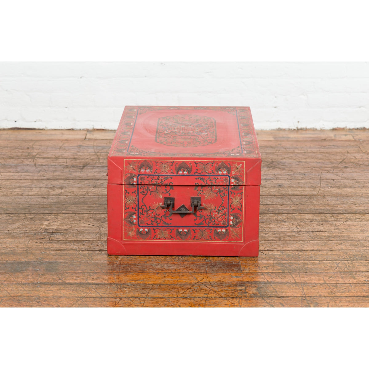 Vintage Red Lacquer Blanket Chest with Egrets, Bats and Floral Motifs-18. Asian & Chinese Furniture, Art, Antiques, Vintage Home Décor for sale at FEA Home