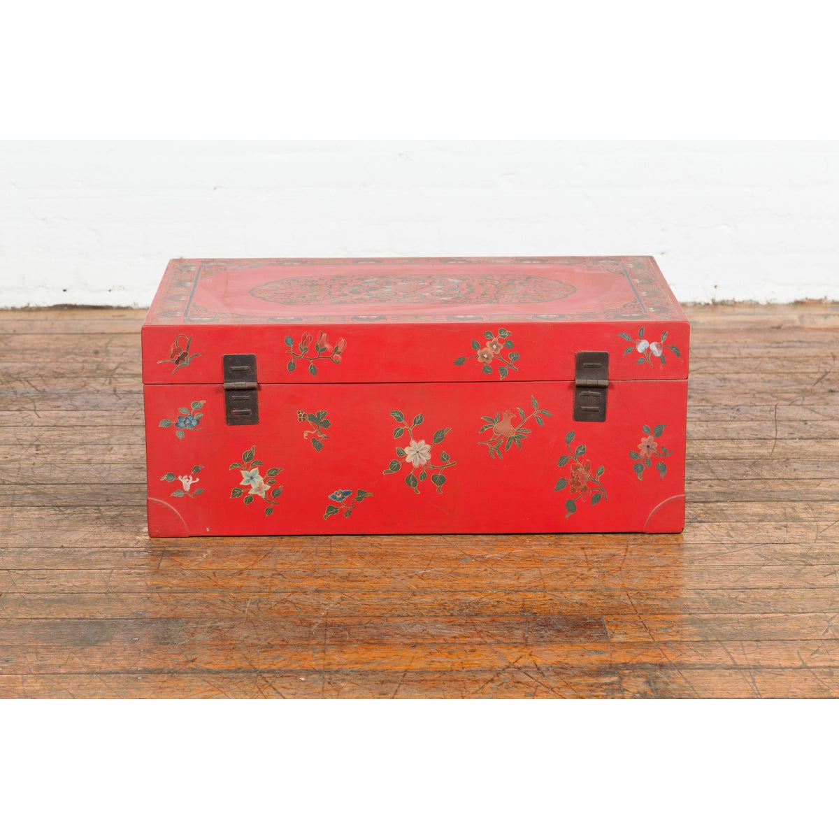 Vintage Red Lacquer Blanket Chest with Egrets, Bats and Floral Motifs-19. Asian & Chinese Furniture, Art, Antiques, Vintage Home Décor for sale at FEA Home
