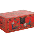 Vintage Red Lacquer Blanket Chest with Egrets, Bats and Floral Motifs-1. Asian & Chinese Furniture, Art, Antiques, Vintage Home Décor for sale at FEA Home