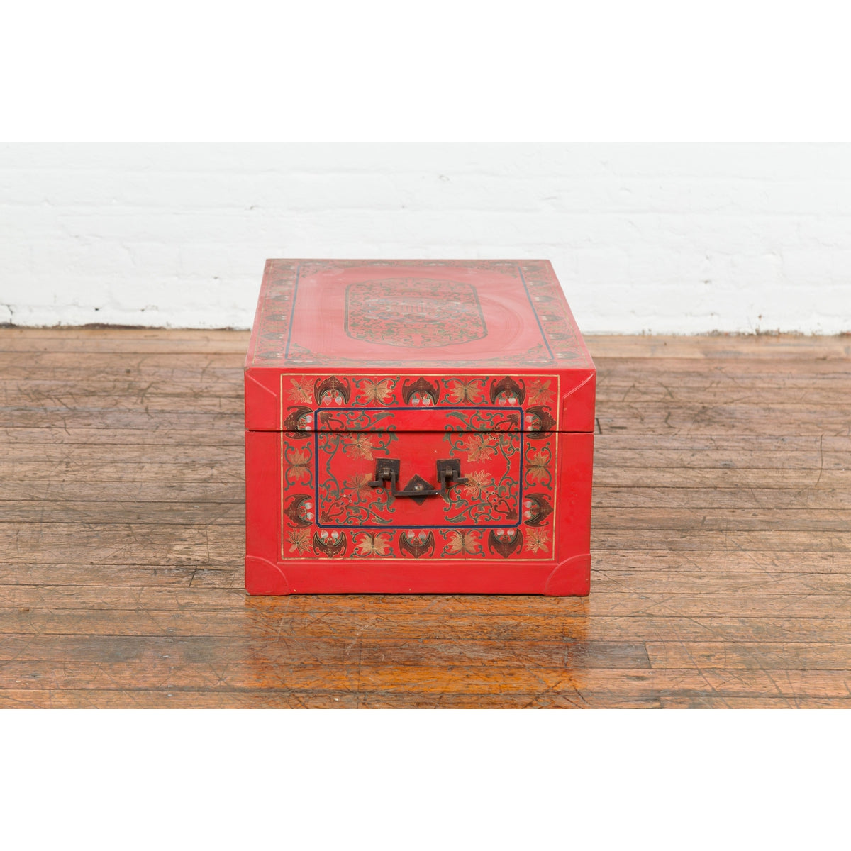 Vintage Red Lacquer Blanket Chest with Egrets, Bats and Floral Motifs-20. Asian & Chinese Furniture, Art, Antiques, Vintage Home Décor for sale at FEA Home