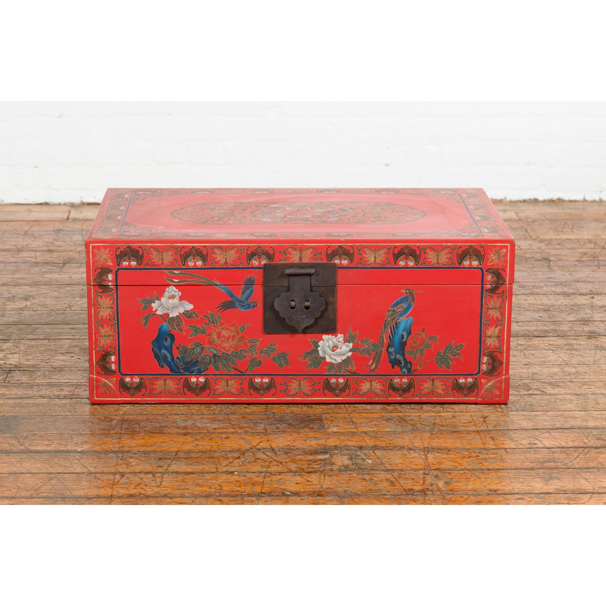 Vintage Red Lacquer Blanket Chest with Egrets, Bats and Floral Motifs-3. Asian & Chinese Furniture, Art, Antiques, Vintage Home Décor for sale at FEA Home
