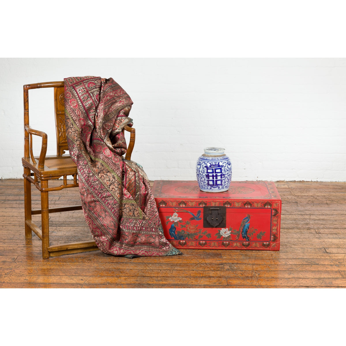 Vintage Red Lacquer Blanket Chest with Egrets, Bats and Floral Motifs-4. Asian & Chinese Furniture, Art, Antiques, Vintage Home Décor for sale at FEA Home