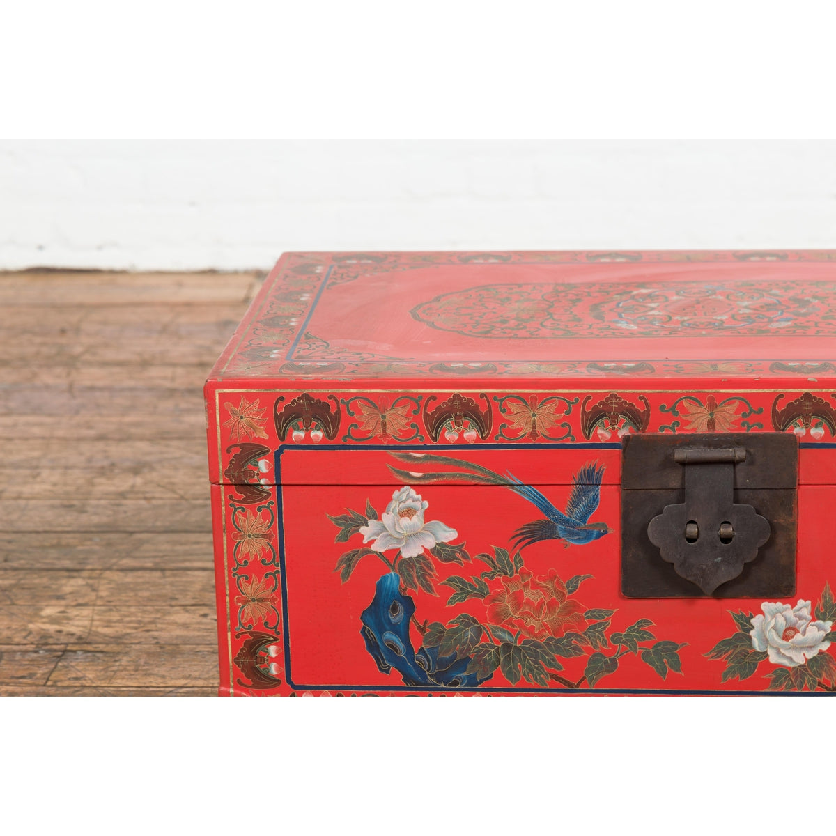 Vintage Red Lacquer Blanket Chest with Egrets, Bats and Floral Motifs-5. Asian & Chinese Furniture, Art, Antiques, Vintage Home Décor for sale at FEA Home