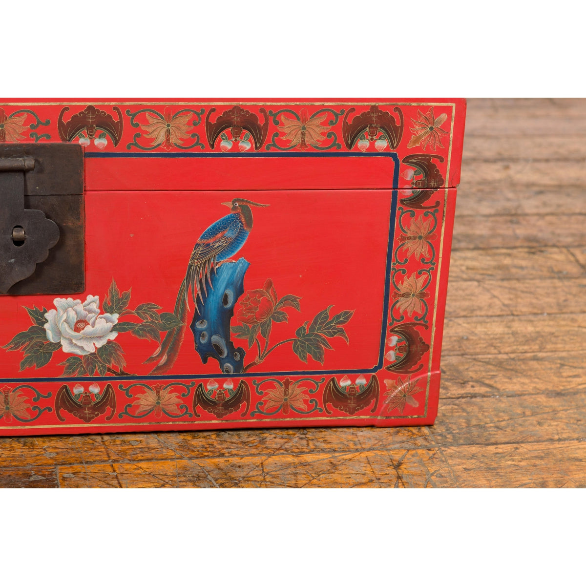 Vintage Red Lacquer Blanket Chest with Egrets, Bats and Floral Motifs-7. Asian & Chinese Furniture, Art, Antiques, Vintage Home Décor for sale at FEA Home
