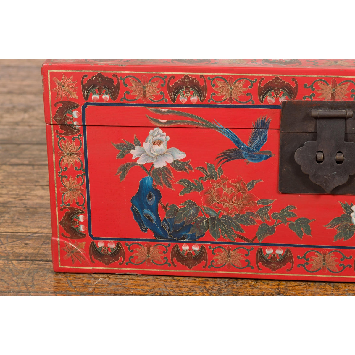Vintage Red Lacquer Blanket Chest with Egrets, Bats and Floral Motifs-8. Asian & Chinese Furniture, Art, Antiques, Vintage Home Décor for sale at FEA Home