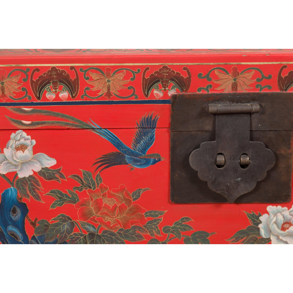 Vintage Red Lacquer Blanket Chest with Egrets, Bats and Floral Motifs-9. Asian & Chinese Furniture, Art, Antiques, Vintage Home Décor for sale at FEA Home