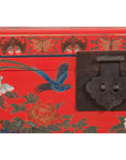 Vintage Red Lacquer Blanket Chest with Egrets, Bats and Floral Motifs-9. Asian & Chinese Furniture, Art, Antiques, Vintage Home Décor for sale at FEA Home
