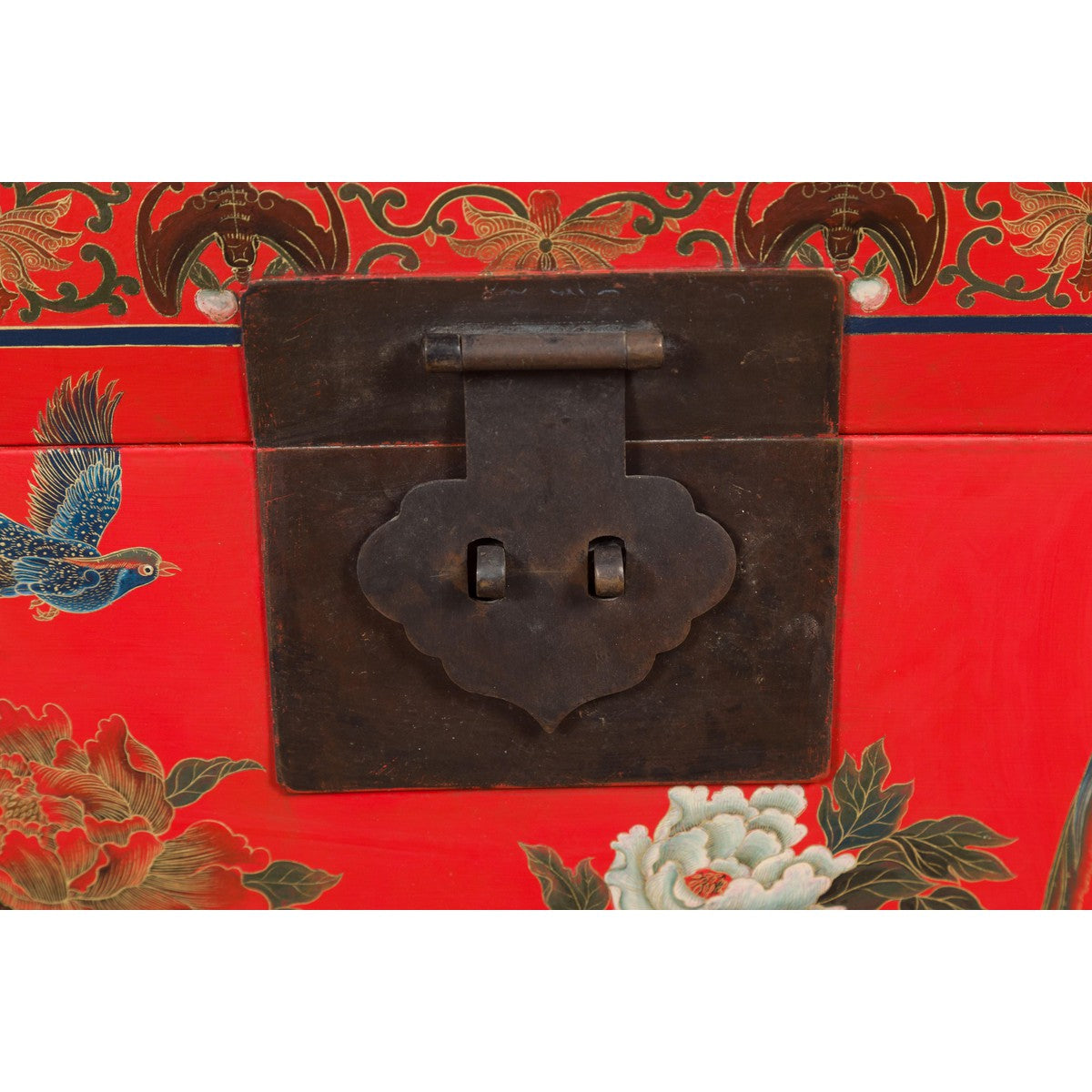 Red Lacquer Trunk with Flowers, Birds and Calligraphy Motifs-12. Asian & Chinese Furniture, Art, Antiques, Vintage Home Décor for sale at FEA Home
