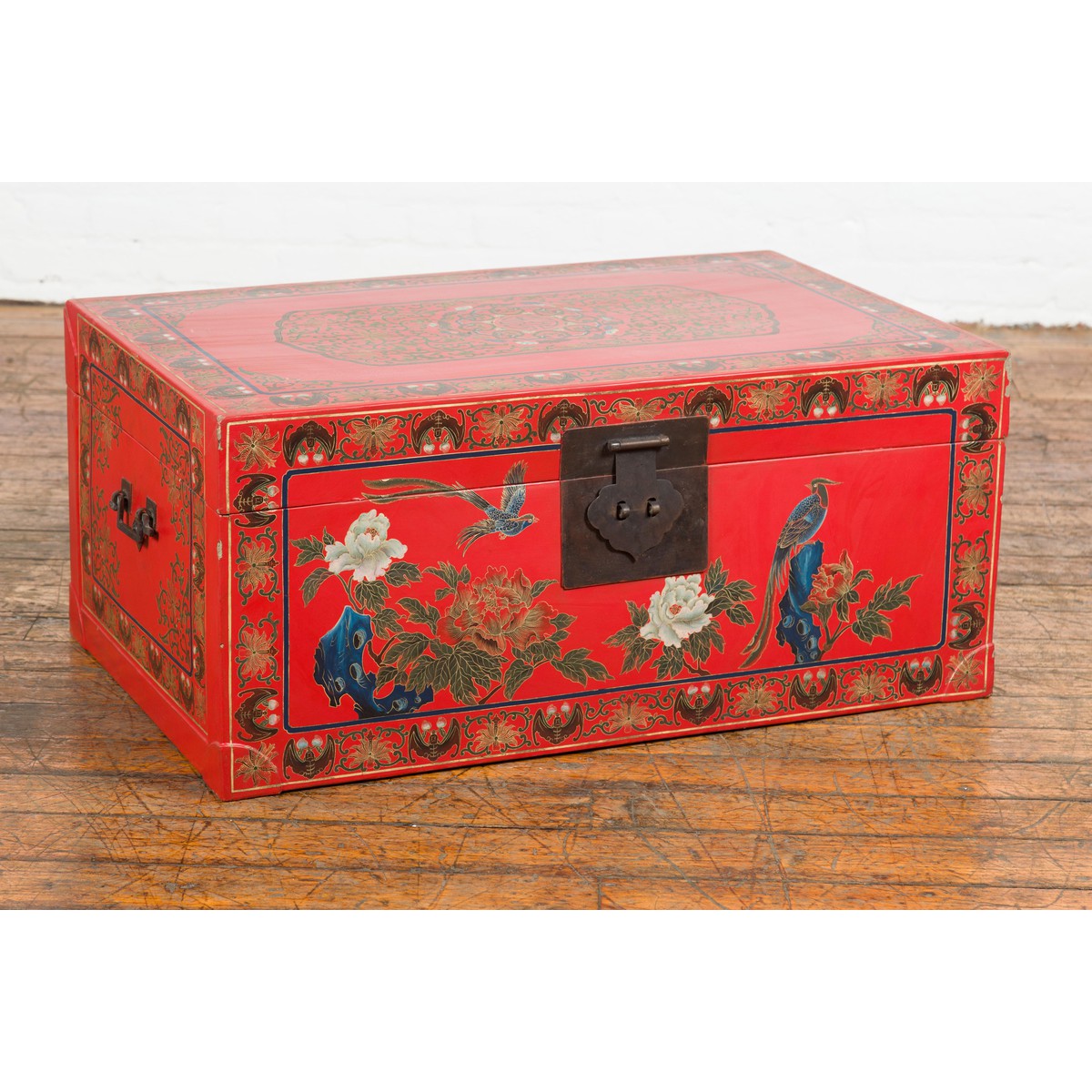 Red Lacquer Trunk with Flowers, Birds and Calligraphy Motifs-17. Asian & Chinese Furniture, Art, Antiques, Vintage Home Décor for sale at FEA Home