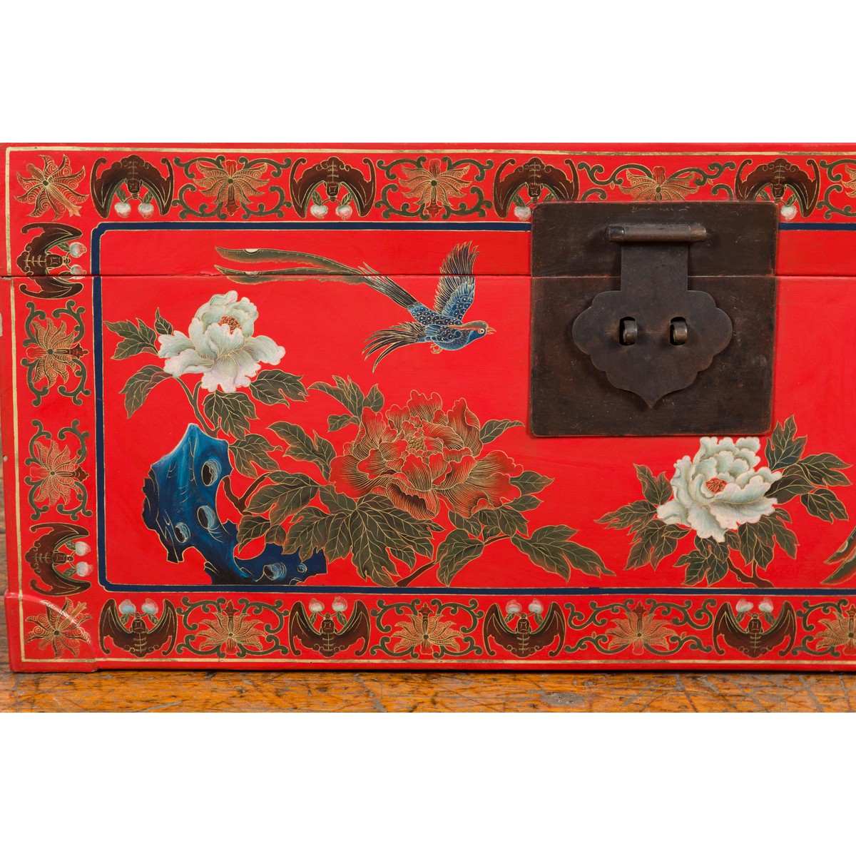 Red Lacquer Trunk with Flowers, Birds and Calligraphy Motifs-7. Asian & Chinese Furniture, Art, Antiques, Vintage Home Décor for sale at FEA Home