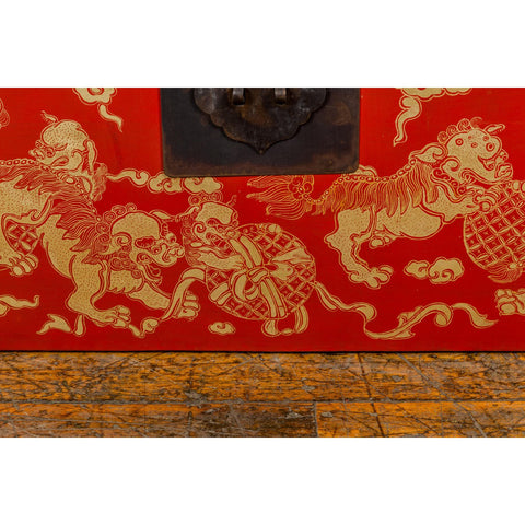 Vintage Chinese Red Lacquer Blanket Chest with Bat, Guardian Lion, Cloud Motifs-YN7722-10. Asian & Chinese Furniture, Art, Antiques, Vintage Home Décor for sale at FEA Home