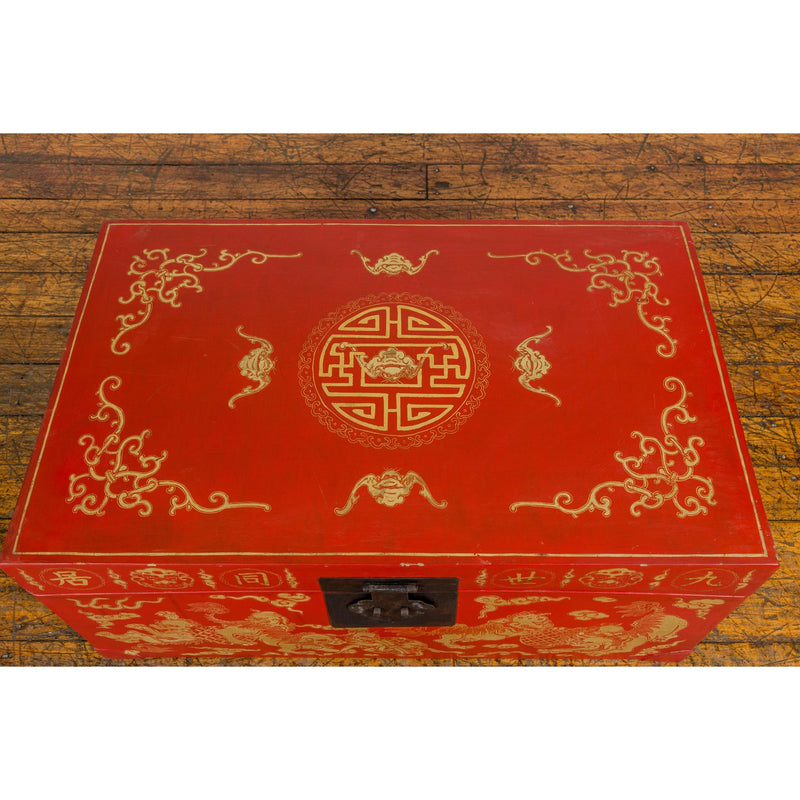 Vintage Chinese Red Lacquer Blanket Chest with Bat, Guardian Lion, Cloud Motifs-YN7722-11. Asian & Chinese Furniture, Art, Antiques, Vintage Home Décor for sale at FEA Home